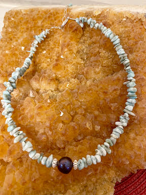 Larimar Strand with Peacock Fresh Water Pearl