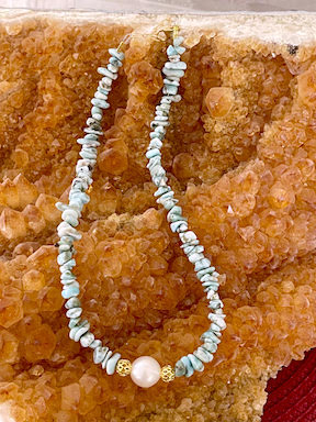 Larimar Strand with White Fresh Water Pearl