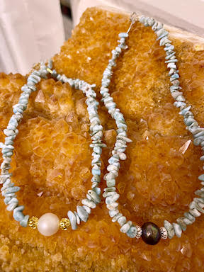 Larimar Strand with White Fresh Water Pearl