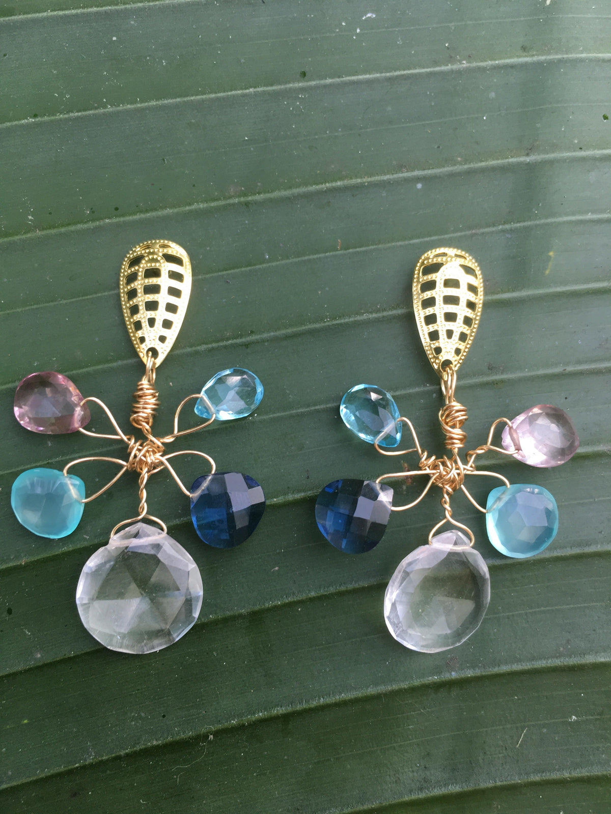 Gaia Earrings with Clear Quartz,Pink tourmaline,Blue topaz, blue apatite