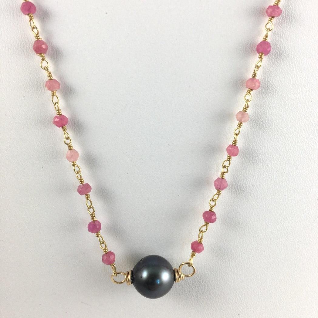 BLACK TAHITIAN PEARL ON BEADED CHAIN NECKLACE - Crystals & Gems Gallery