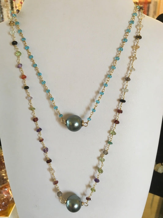 BLACK TAHITIAN PEARL ON BEADED CHAIN NECKLACE - Crystals & Gems Gallery 