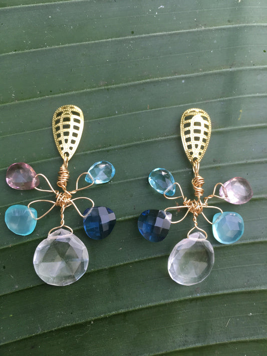 Gaia Earrings with Clear Quartz,Pink tourmaline,Blue topaz, blue apatite