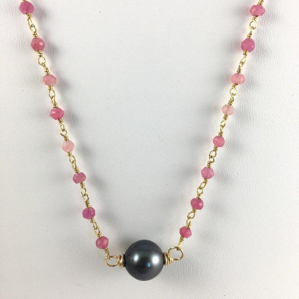 BLACK TAHITIAN PEARL ON BEADED CHAIN NECKLACE - Crystals & Gems Gallery 