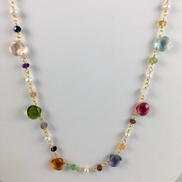FACETED BRIOLETTE CUT MIXED GEMSTONE NECKLACE IN 14KT GF - Crystals & Gems Gallery 