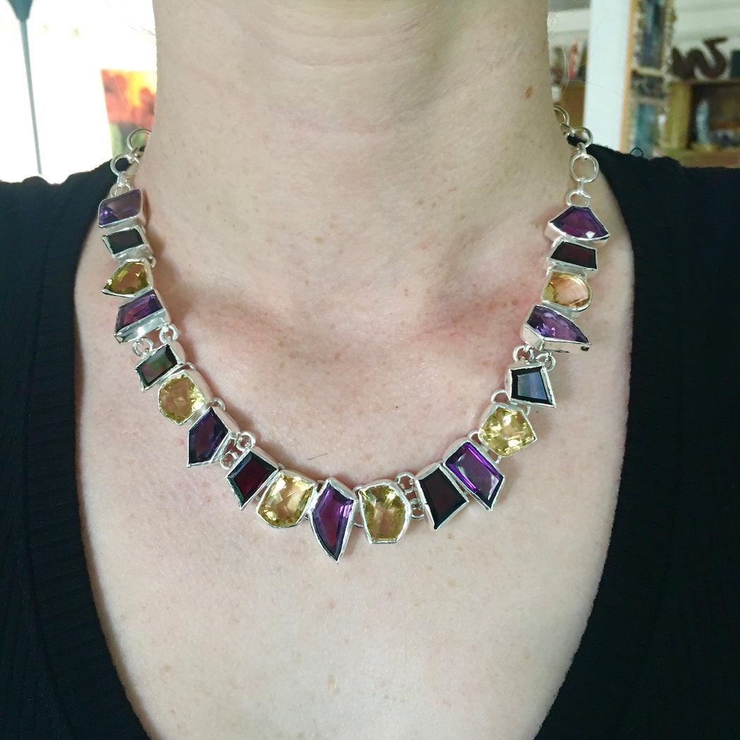 FANCY FACETED MIXED GEM NECKLACE in STERLING SILVER - Crystals & Gems Gallery 