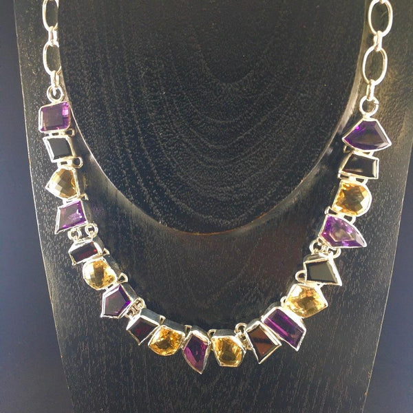 FANCY FACETED  MIXED GEM NECKLACE in STERLING SILVER