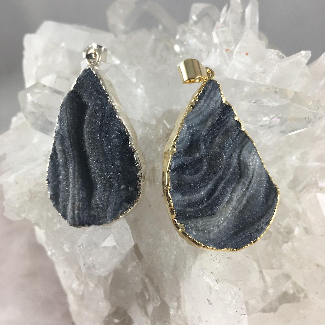 Pendentif En Argent 925 Avec Agate Quartz Druzy - Fait Main, Pierre Naturelle Multicolore, Longueur 2 Pouces - Pièce Unique #P18001